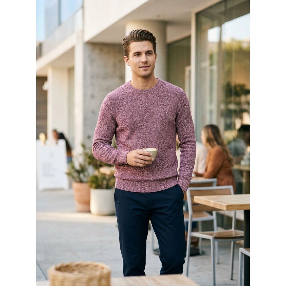 Original Penguin Mens 100% Cotton Heathered Crewneck Knit Sweater Maroon Red M